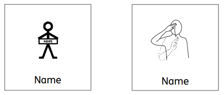 A visual representation of the word name and instructions on how to sign name