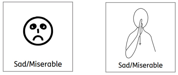 A visual representation of sad or miserable and how to sign the word sad or miserable