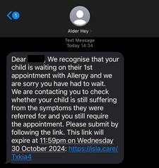 A screenshot example of the text message that some parents will receive from Alder Hey