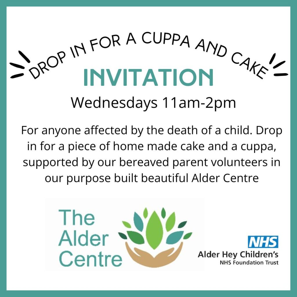A visual invitation for the Alder Centre's Cuppa and Cake drop in
