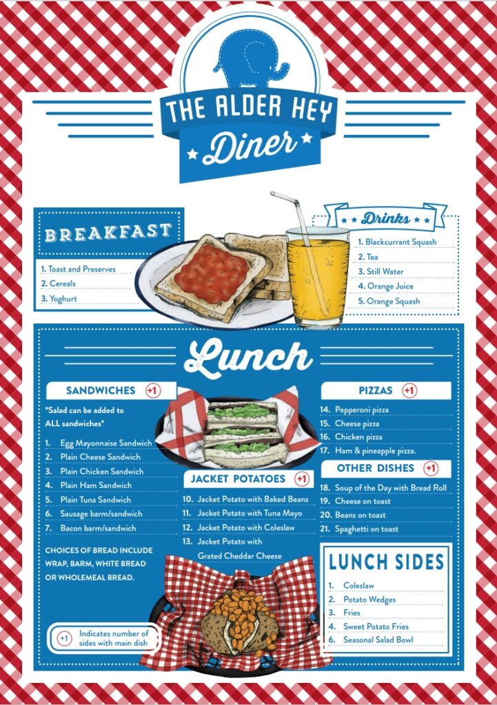 An image of the Alder Hey Diner menu, the information from this image has been provided below.