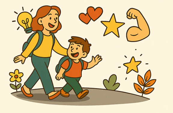 A cartoon image of a parent and child walking and smiling