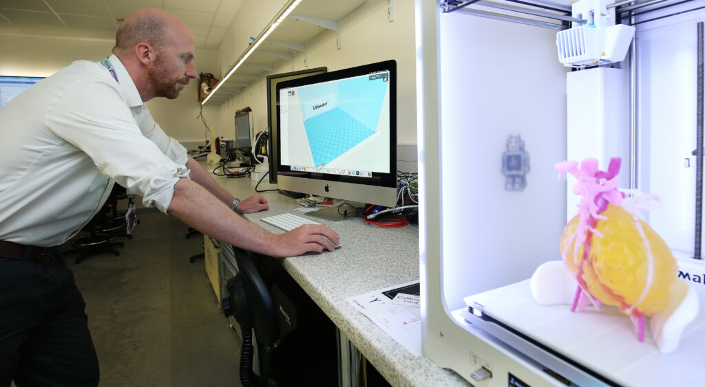 Man in white shirt looking at a computer. A 3D printed model of a tumour is nearby