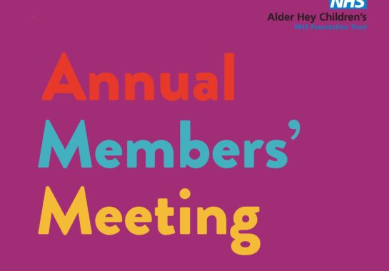 An image with the Alder Hey logo with writing that says Annual Members' Meeting