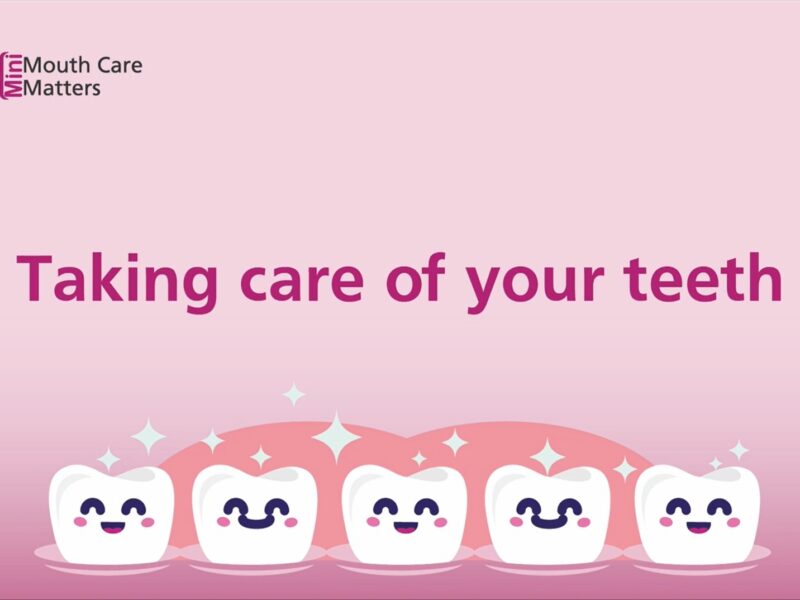 a decorative image of cartoon teeth with text that reads "Taking care of your teeth"