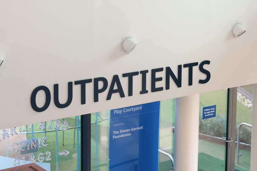 An image of the Outpatients sign at Alder Hey Hospital, Liverpool.