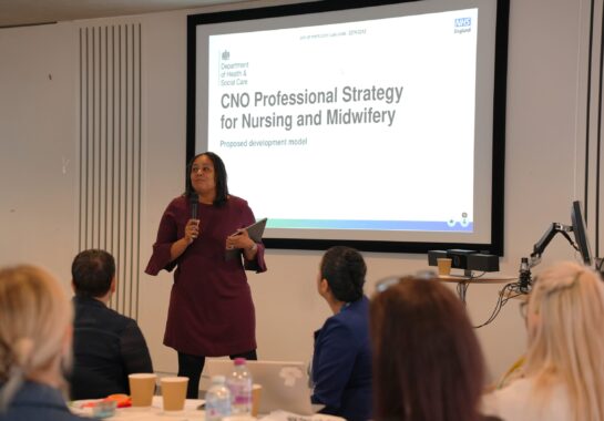 An image of a person standing in front of a group presenting.