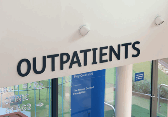 An image showing the Outpatients sign at Alder Hey Children's Hospital, Liverpool, UK