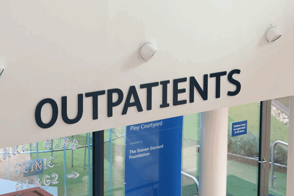 An image showing the Outpatients sign at Alder Hey Children's Hospital, Liverpool, UK