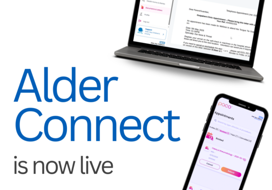 Image of a laptop and mobile with Alder Connect is now live written