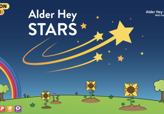 Image which says 'Alder Hey Star' on it. It has three shooting stars and below are some sunflowers