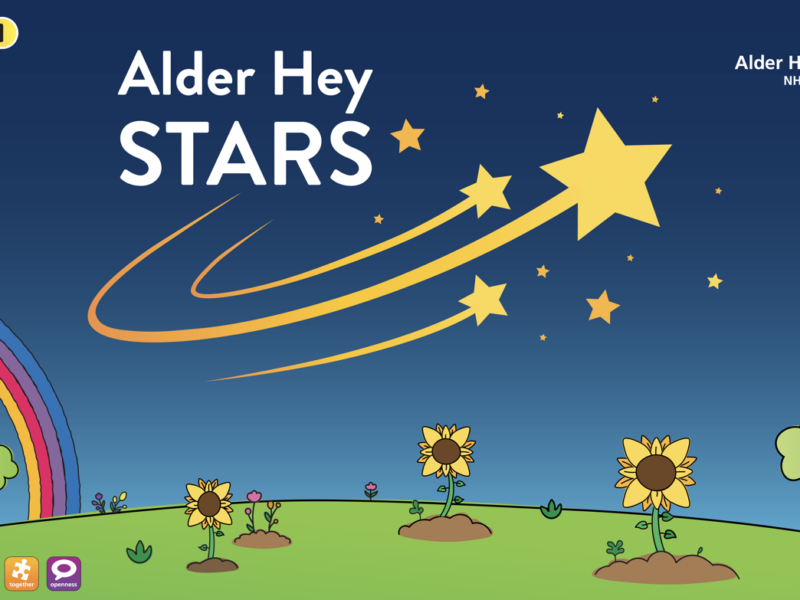 Image which says 'Alder Hey Star' on it. It has three shooting stars and below are some sunflowers