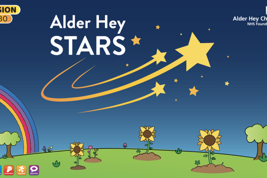 Image which says 'Alder Hey Star' on it. It has three shooting stars and below are some sunflowers
