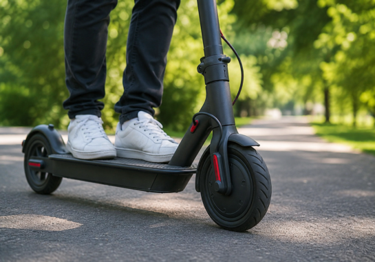 Image of someone stood on a e-scooter. You can just see their feet
