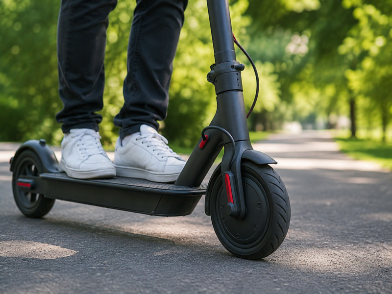 Image of someone stood on a e-scooter. You can just see their feet