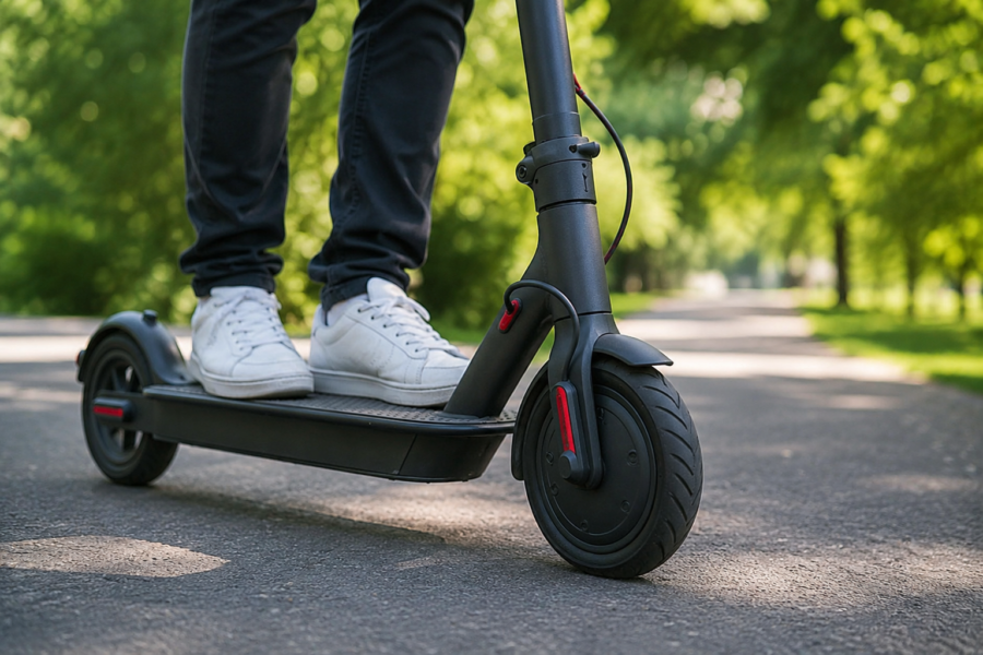 Image of someone stood on a e-scooter. You can just see their feet