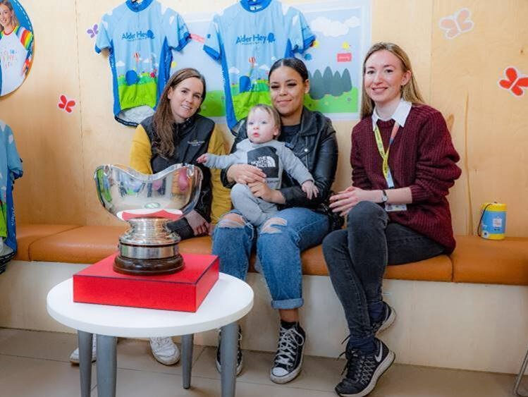Frankie with mum Jessica, Rachael Blackmore and Jen from Alder Hey Children's Charity