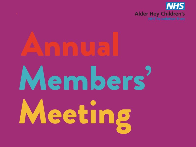 An image with the Alder Hey logo with writing that says Annual Members' Meeting