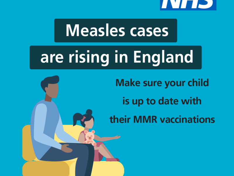 A cartoon father and daughter. Text reads "Measles cases are rising in England - make sure your child is up to date with their vaccinations"