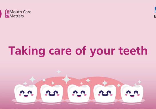 a decorative image of cartoon teeth with text that reads "Taking care of your teeth"