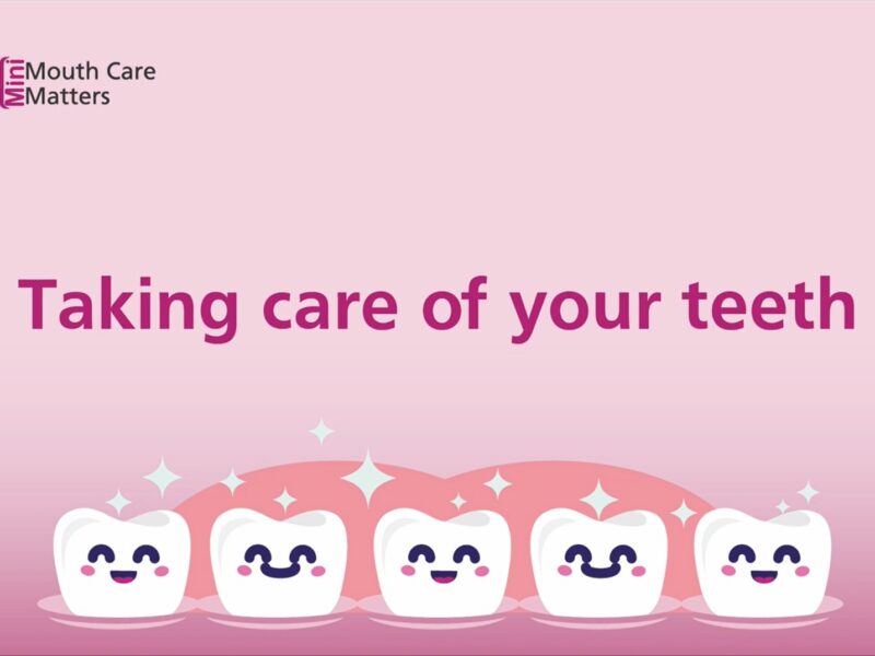 a decorative image of cartoon teeth with text that reads "Taking care of your teeth"