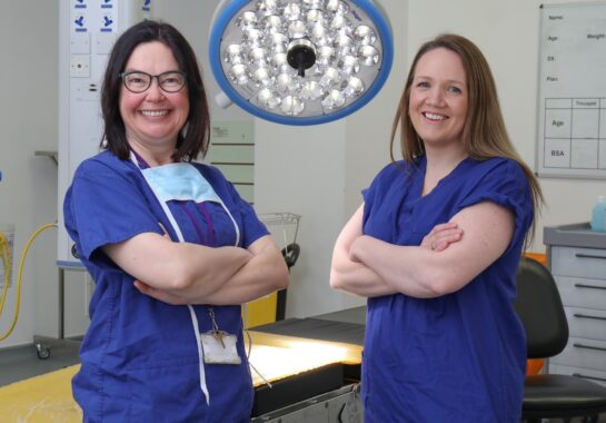 An image of two Alder Hey staff members wearing blue uniforms and smiling at the camera.