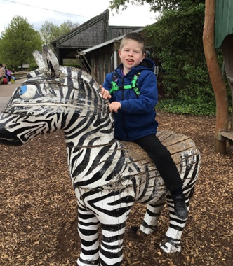 William sitting on a zebra statue