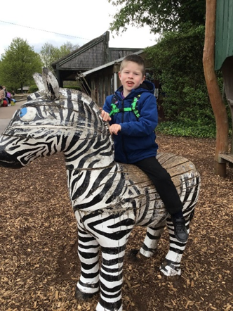 William sitting on a zebra statue